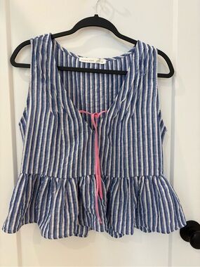 ALTAR’D STATE Blue & White Striped Peplum Tank with Pink Tie